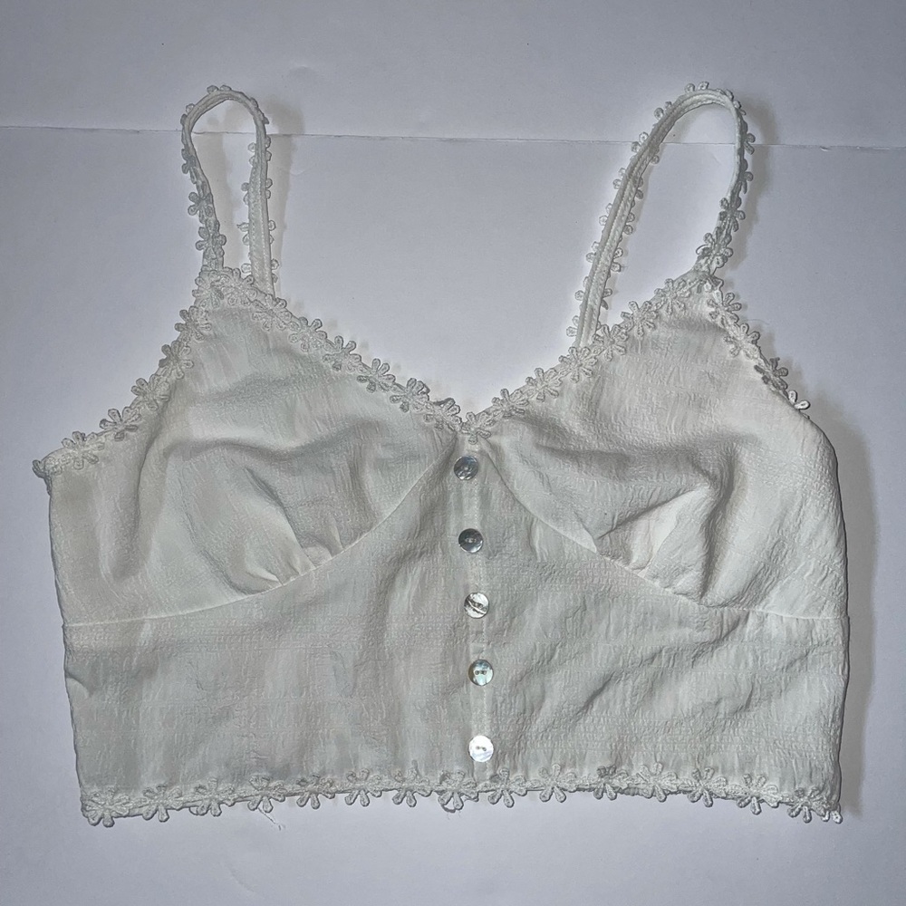 White Summer Cropped Tank Top with flowers and buttons